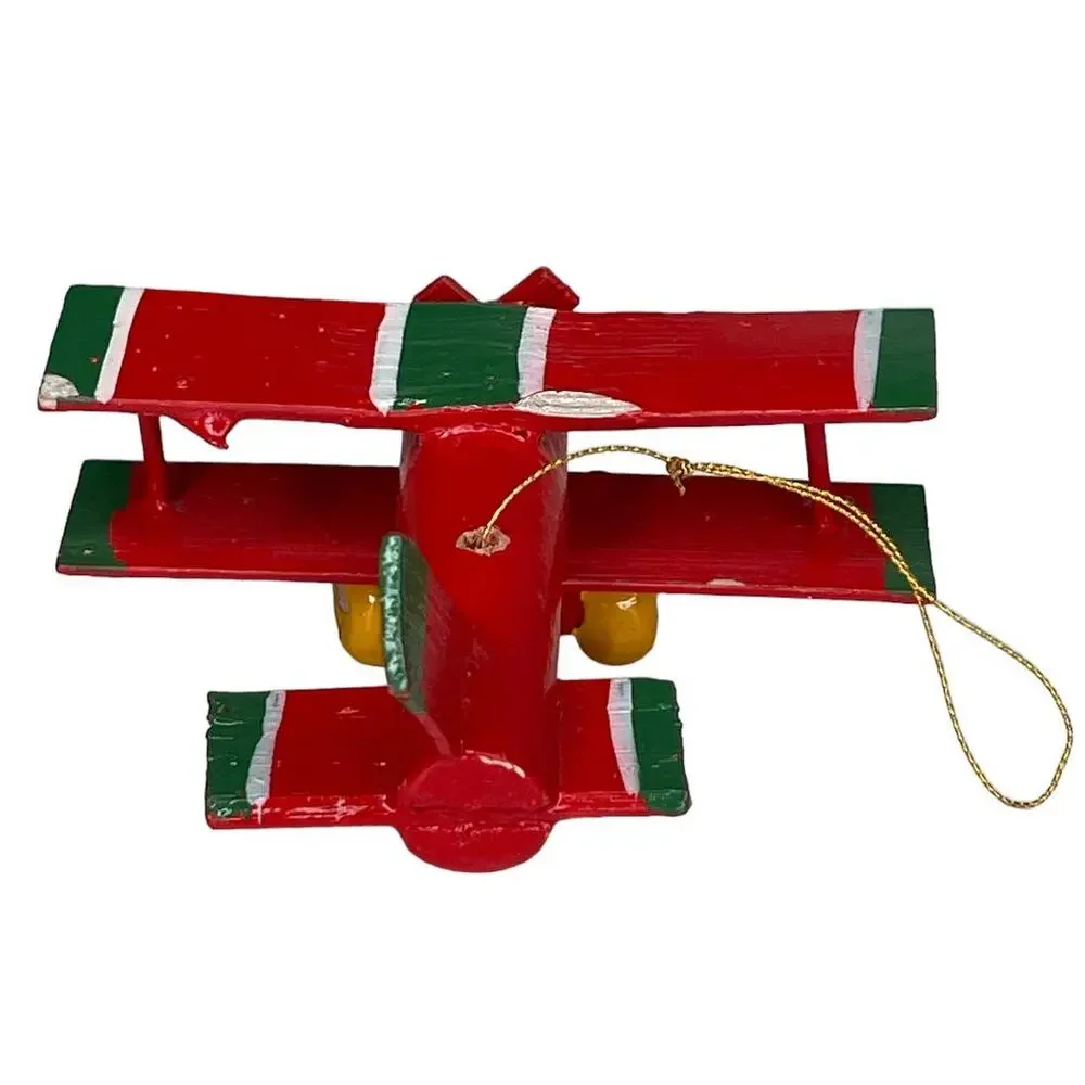 Vintage Wooden Airplane Ornament Red Green Folk Art Christmas Decor